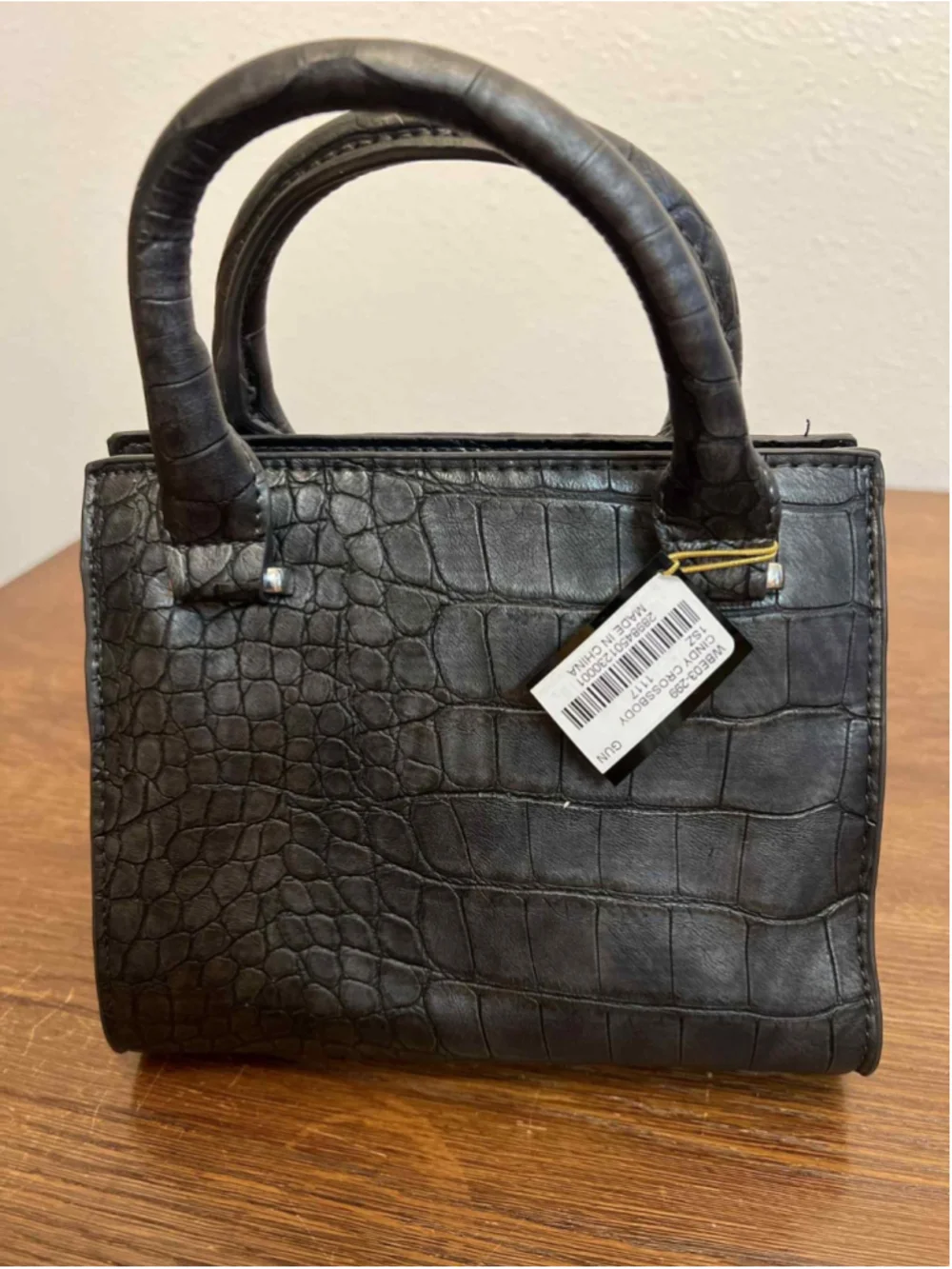 Bebe New Croc Embossed Structured Satchel Purse Handbag Large Black Top Handle